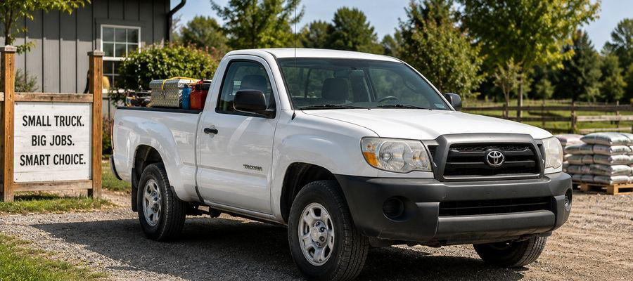 Photorealistic image of a used small pickup truck parked in a light-duty work setting with tools in the bed, highlighting compact trucks ideal for daily driving, fuel efficiency, and small job tasks.